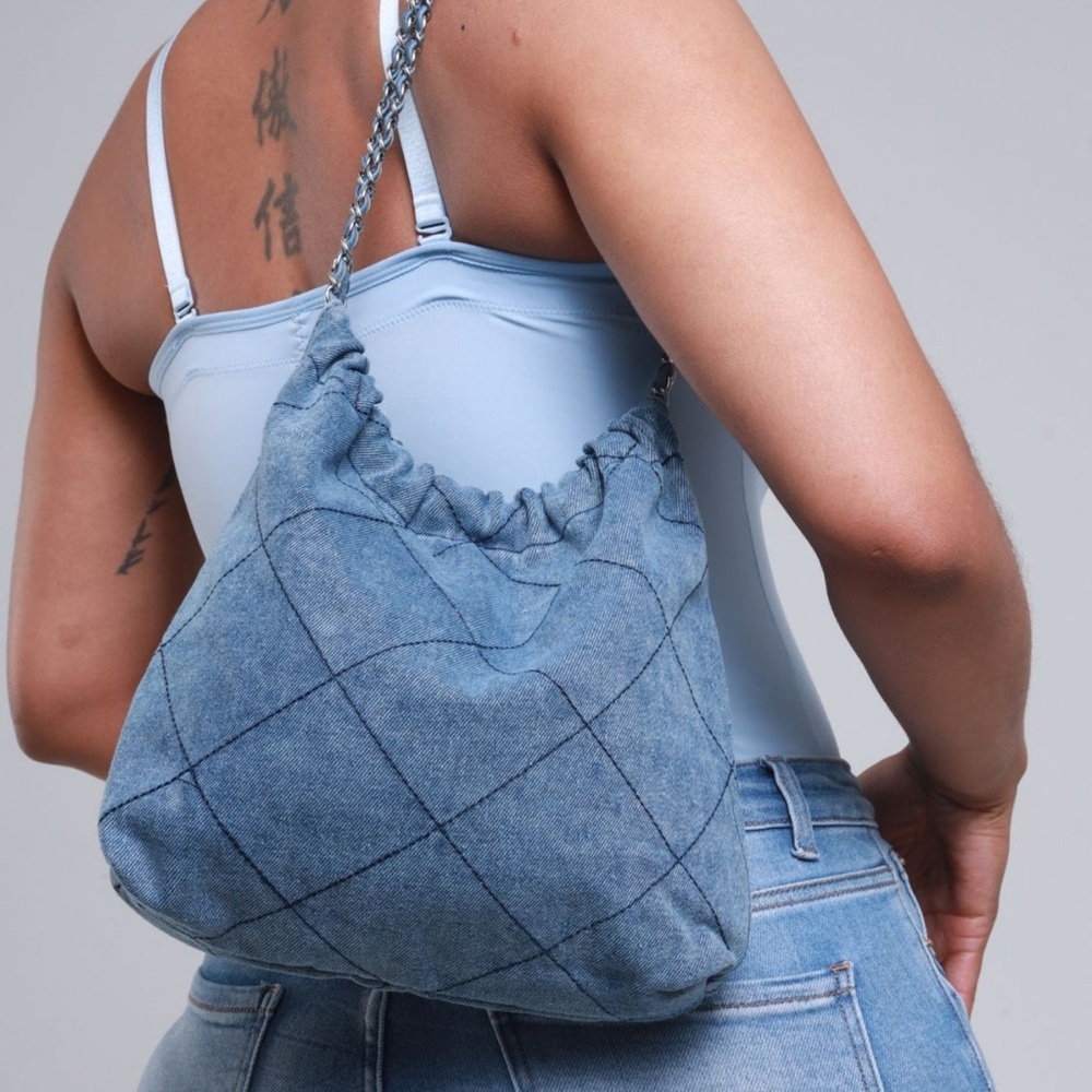 Stylish Blue Quilted Denim Shoulder Handbag